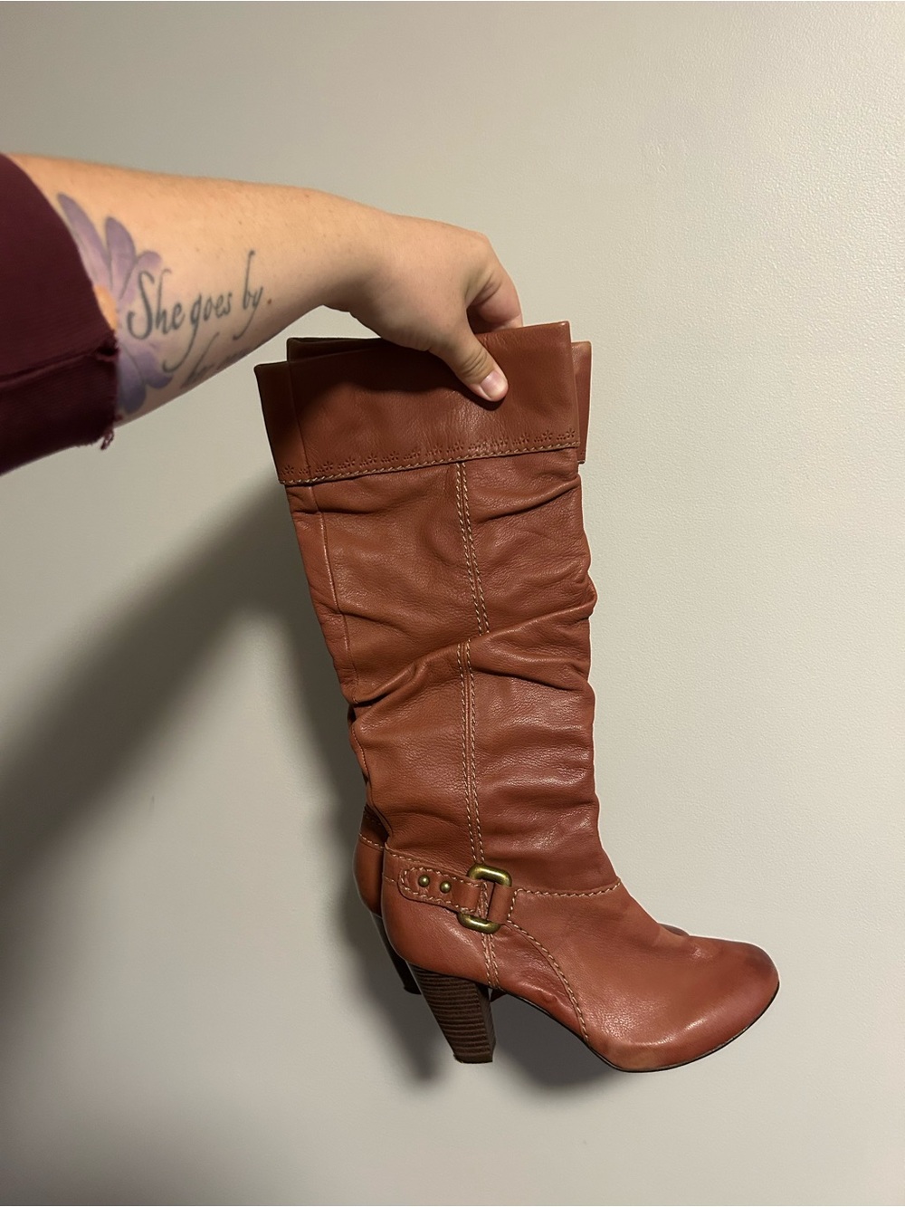 Fossil Brown Leather Mid-Calf Heeled Boots